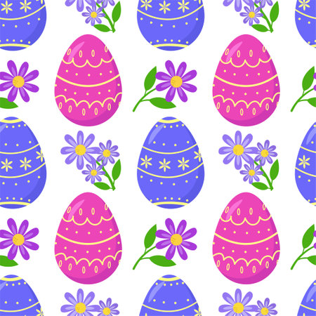 Colorful Easter seamless pattern with Easter eggs and cute flowers, suitable for Easter textiles, wallpaper, background for postcards, invitations. Vector design. Easter eggs and floral pattern. Vector illustrationのイラスト素材