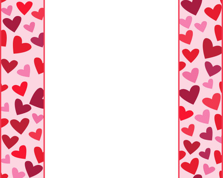 Vertical frame with hearts. Red and pink confetti in the shape of hearts form a rectangular frame. It is used as a design element for Valentines Day. Stock illustration. Vector illustrationのイラスト素材