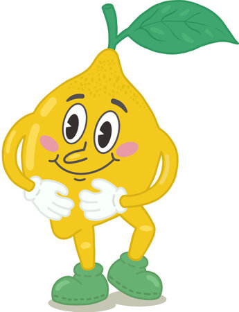 A cute hand-drawn lemon in a trendy retro style of the 60s and 70s. A walking vintage mascot. A vector illustration drawn by hand. Happy emotions, a smile. A cute kawaii mascot. Vector illustrationのイラスト素材