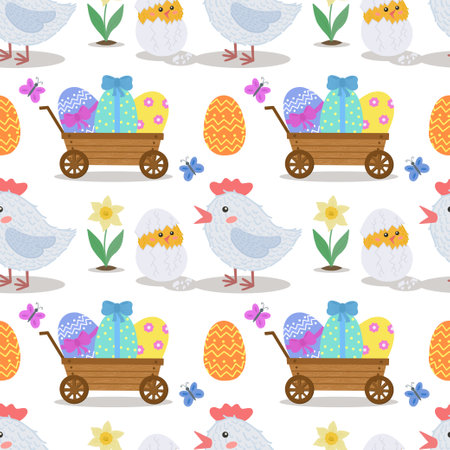 Seamless pattern with chicken, egg, flowers, egg cart, butterflies. Vector illustration for Easter. Vector illustrationのイラスト素材
