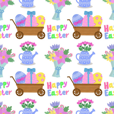 Seamless pattern with a cart with eggs, flowers, a bouquet of flowers, a watering can with flowers. Vector illustration for Easter.のイラスト素材