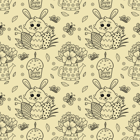 Seamless pattern with flowers, eggs and rabbits for Easter, vector illustration. Easter vector pattern with rabbit, butterfly, eggs, cake. Vector illustrationのイラスト素材