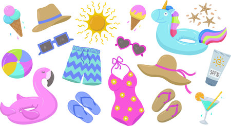 Vector summer illustrations, swimsuit, shorts, flip-flops, swimming circles, ball, sunglasses, ice cream, etc., hand-drawn. Suitable for website, postcard, poster, cover, sticker set. Vector. Vector illustrationのイラスト素材