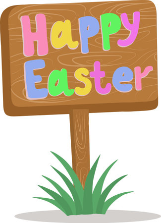 Vector illustration of a signboard standing in the grass. Happy Easter wooden signboard.Easter illustration. Vector illustrationのイラスト素材