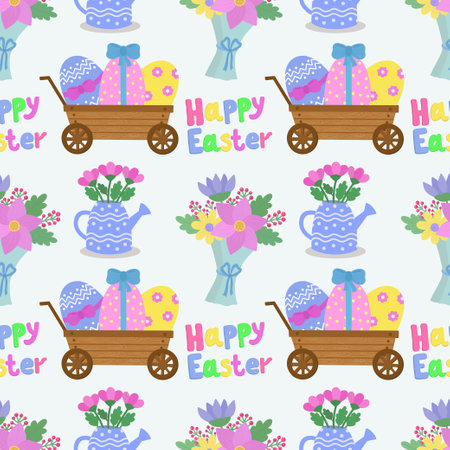 Seamless pattern with a cart with eggs, flowers, a bouquet of flowers, a watering can with flowers. Vector illustration for Easter. Vector illustrationのイラスト素材