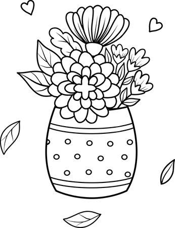 Vector illustration of a vase with flowers, tulips, daisies, peonies, hydrangeas. A black and white outline. Seasonal illustration of spring flowers for gardening, coloring book. Easter illustration. Vector illustrationのイラスト素材