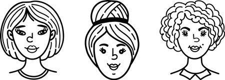 A set of images of women is faces, a black and white sketch. Avatars of social media users. Images of emotions on the faces of women.Hand-drawn in black and white. Vector illustration. Vector illustrationのイラスト素材