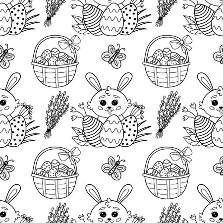 Seamless pattern with flowers, willow, basket with eggs and rabbits for Easter, vector illustration. Easter vector pattern with rabbit, butterfly, eggs, cake.のイラスト素材