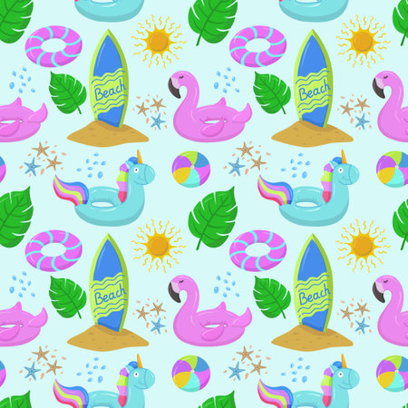 Various products for the beach and recreation. An inflatable swimming circle with a blue unicorn, flamingo, palm tree, camera, sun and waves. Seamless vector drawing on summer and marine themes. Vector illustrationのイラスト素材