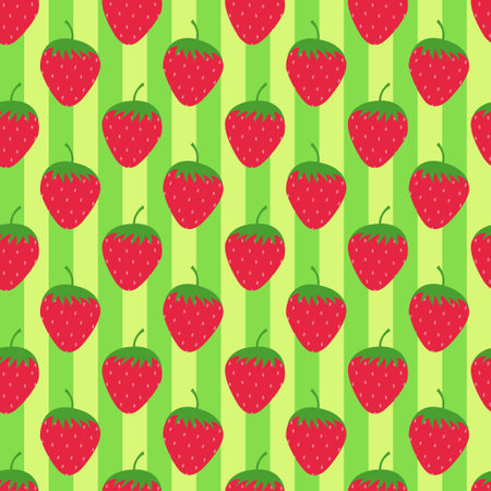 Seamless strawberry pattern. Vector summer background with red berries on a green background. Vector illustrationのイラスト素材