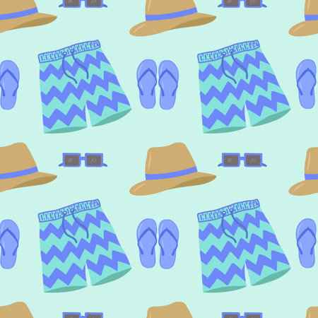 Beachwear, seamless pattern, vector. Men's shorts, swimming trunks, glasses and a hat on a light blue background. Stock illustration. Vector illustrationのイラスト素材