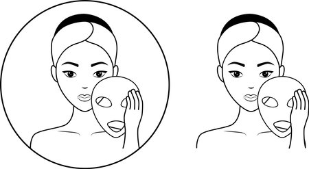 The girl is preparing to put a mask on her face. She attends beauty treatments, takes care of her face and skin.A skin care icon, an image of a woman's face on a transparent background. Vector icon. Vector illustrationのイラスト素材