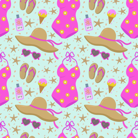 Products for the beach and recreation. Swimsuit, hat with brim, sunglasses, sunscreen, ice cream, starfish and sand. Seamless vector drawing on summer and marine themes. Vector illustrationのイラスト素材