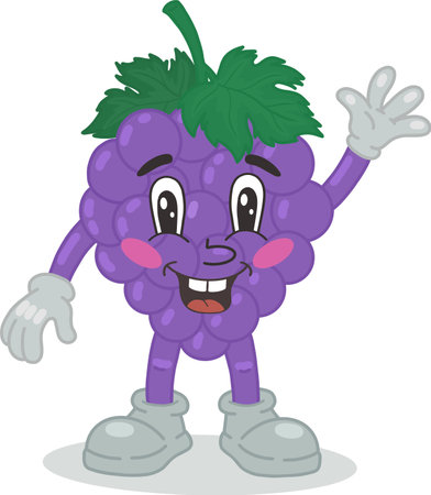 Retro cartoon grape mascot in the groove style. Vector illustration of a cute grape. Nostalgia for the 60s, 70s, 80s. Hand-drawn funny cartoon character in retro vintage style. Vector illustrationのイラスト素材