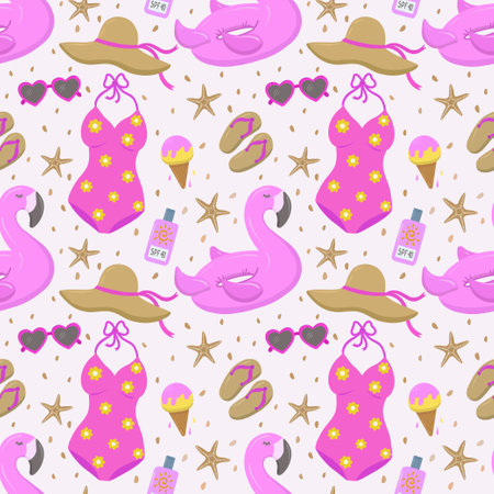 Products for the beach and recreation. Swimsuit, hat with brim, sunglasses, sunscreen, ice cream, starfish and sand. Seamless vector drawing on summer and marine themes. Vector illustrationのイラスト素材