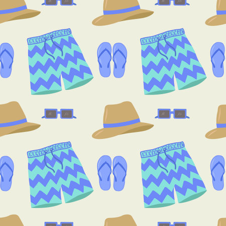 Beachwear, seamless pattern, vector. Mens shorts, swimming trunks, glasses and a hat on a light blue background. Stock illustration. Vector illustrationのイラスト素材
