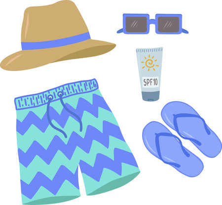 A set of summer things for relaxing at sea. Shorts, flip-flops, a hat and sunglasses. A flat cartoon illustration on a white background. A set for men. Vector illustrations. Vector illustrationのイラスト素材