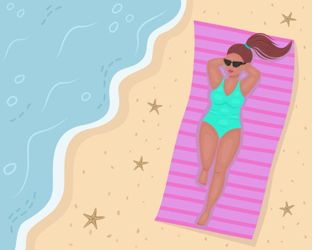 A girl is sunbathing on the beach. An attractive girl against the background of tropical sand and ocean. A pretty girl in a green swimsuit is sunbathing on the beach. Vector beach illustration . Vector illustrationのイラスト素材