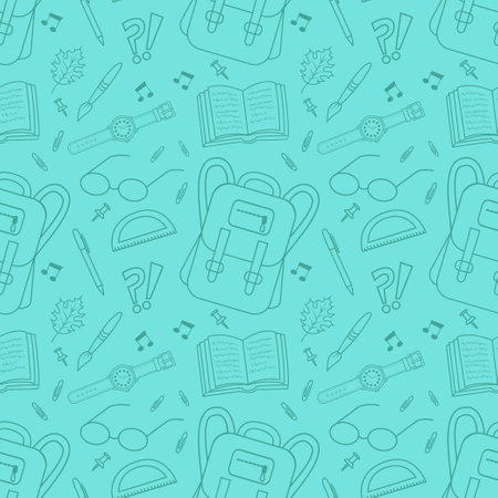 School seamless background. The concept of education and science. The "Back to School" pen draws a seamless pattern. Seamless pattern of school supplies on a school theme, hand-drawn blue background. Vector illustrationのイラスト素材