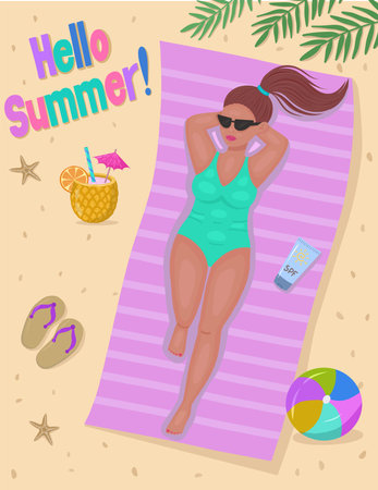 A girl is sunbathing on the beach. Hello, summer! A beautiful girl in a green swimsuit is sunbathing...