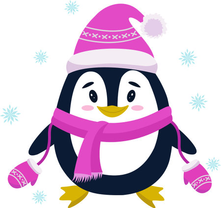 A cute penguin in a hat, mittens and scarf. Christmas vector illustration. Mascot. Vector illustrationのイラスト素材