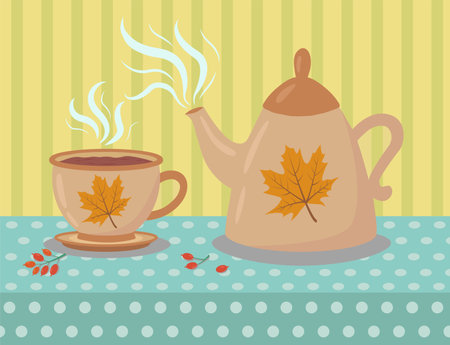 Vector illustration of a teapot and a cup on the table. The ceremony of tea drinking on herbs. A kettle for making healthy hot drinks. Autumn illustration. Vector illustrationのイラスト素材