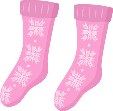 A pair of knitted pink socks with a pattern. Collection of socks, winter illustration. A set of fashionable clothes in an individual style. Vector New Year is illustration. Vector illustrationのイラスト素材