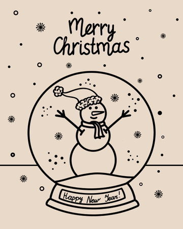 New Year vector postcard of a New Year is ball with a snowman. Vector winter hand-drawn illustration. Merry Christmas 2025. A glass snow globe with a snowman and snowflakes. Vector illustrationのイラスト素材