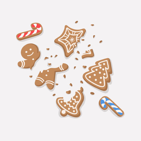 Vector illustration of crumbled and bitten Christmas cookies. A half-bitten, broken cookie in the...
