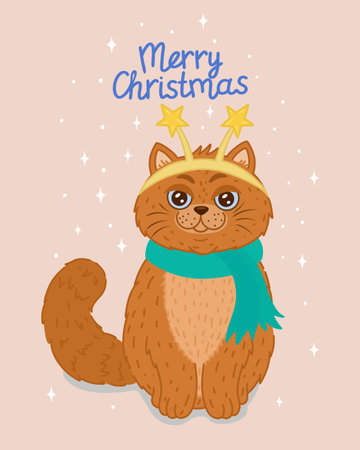 A cute orange cat in a festive headband and scarf is waiting for the New Year. A postcard for the New Year and Christmas. The mascot. Vector illustration. Vector illustrationのイラスト素材