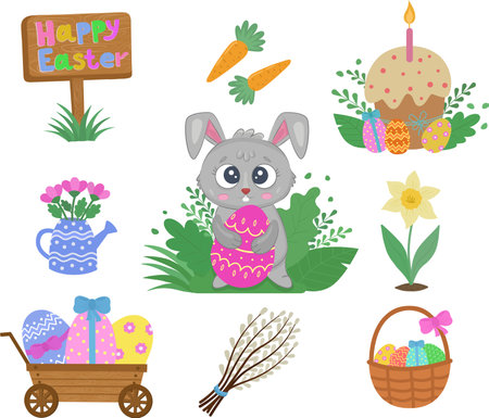 Easter set with cute rabbit, eggs, cake, chicken, carrots, flowers. A charming Easter set with traditional festive decor and calligraphic inscriptions. Vector illustrationのイラスト素材
