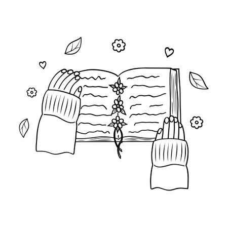 An open book in his hands, a contour drawing. Vector hand-drawn contour illustration of the book in his hands. An open book in his hands with a bookmark of flowers. Vector illustrationのイラスト素材