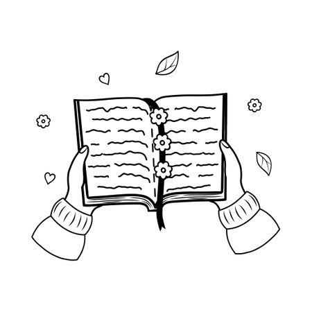 An open book in his hands, a contour drawing. Vector hand-drawn contour illustration of the book in his hands. An open book in his hands with a bookmark of flowers. Vector illustrationのイラスト素材