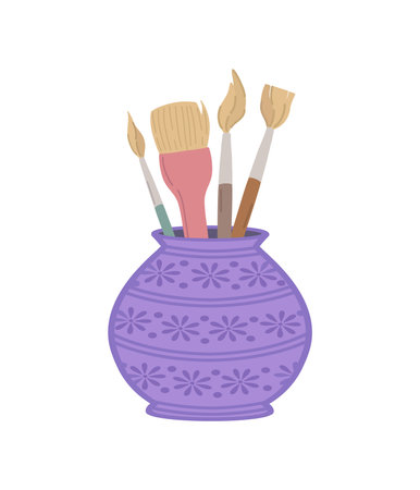 Illustration of a stand with drawing brushes, vector illustration, highlighted on a white background.The concept of fine art and cartoon-style print. Stylish creative illustration. Vector illustrationのイラスト素材