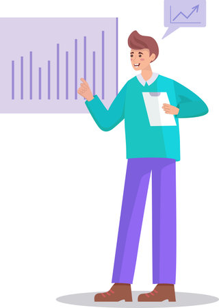 A man standing in front of a graph pointing at him analyzes sales growth data, an employee analyzes a sales growth graph, a simple and minimalistic flat vector illustration. Vector illustrationのイラスト素材