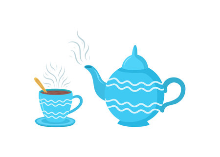 Illustration of a tea cup with a saucer and a teapot. A teapot with a cup on a saucer. Vector illustration of a cup and teapot. Vector illustrationのイラスト素材