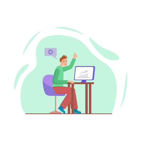 The programmer analyzes the diagram on a laptop. A software developer works with structures and systems of business projects, analyzing data. The concept of software development. Flat illustration. Vector illustrationのイラスト素材