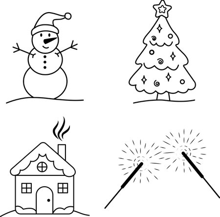 A New Year vector set with a snowman, a Christmas tree, a house and sparklers. Vector illustration for the new year. Vector illustrationのイラスト素材