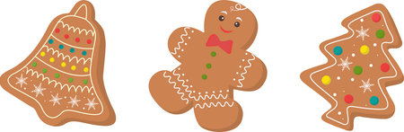 Christmas gingerbread. Winter holiday sweets in the form of a bell, a gingerbread man and a Christmas tree. Cartoon vector illustration. Vector illustrationのイラスト素材