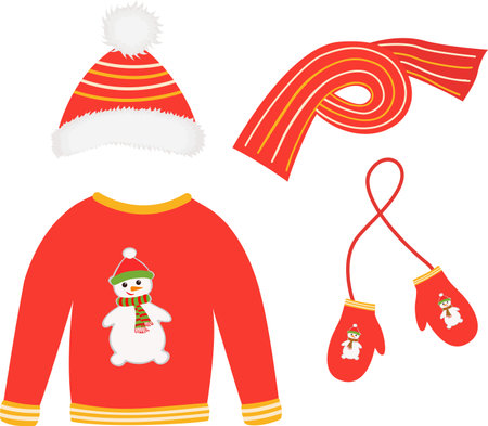 Vector set of winter clothes, consisting of a knitted hat, scarf, mittens and a sweater. Cozy winter clothes, necessary for warmth and being stylish. Design elements of cliparts for winter clothes. Vector illustrationのイラスト素材