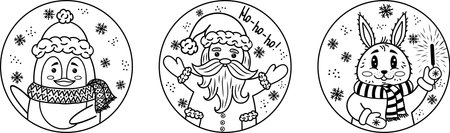 Icons with cute Christmas characters - Santa Claus, penguin, rabbit. Black and white drawing with New Year's characters. Vector illustration for banners, designs, greetings, postcards, prints. Vector illustrationのイラスト素材