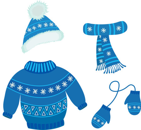 Vector set of winter clothes, consisting of a knitted hat, scarf, mittens and a sweater. Cozy winter clothes, necessary for warmth and being stylish. Design elements of cliparts for winter clothes. Vector illustrationのイラスト素材