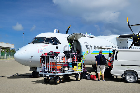 MALDIVES - NOVEMBER 25, 2013. The airplane of Flyme aircompany in the airport of Maamigili on island Alifu Dhaalu. Flyme is a Maldivian Airline operated by Villa Air which is part of the Villa Group of Companies.のeditorial素材