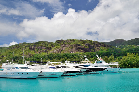 Luxury yachts in marina of Eden Island, Seychelles.のeditorial素材
