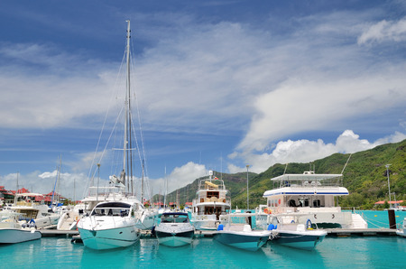 Luxury yachts in marina of Eden Island, Seychelles.のeditorial素材