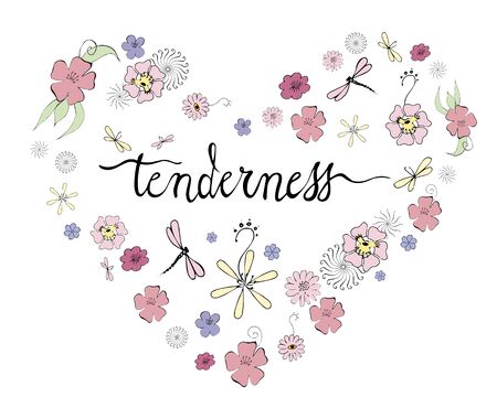 doodle flower and dragonfly tenderness heart teamplateのイラスト素材