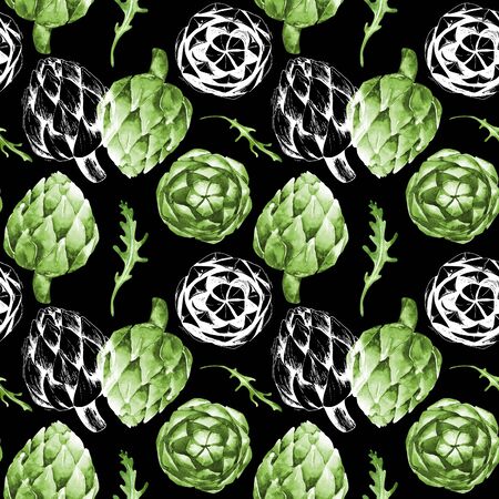 seamless background with watercolor and contour artichokeの写真素材
