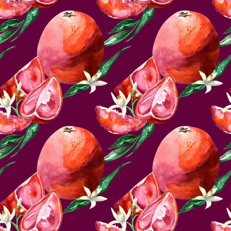 Seamless pattern with watercolor Sicilian orange, slices and flowersの写真素材