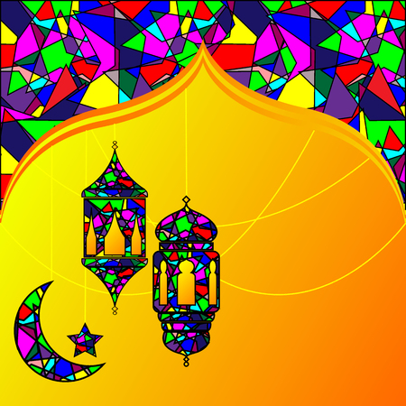 Muslim symbols - traditional Arabic lantern, lamp, ?rescent moon, star. Ramadan Kareem greeting card in modern style. Vector illustration.のイラスト素材