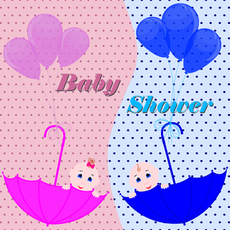 Baby shower invitation card. Cute boy and girl sitting in umbrella. Design invitation or greeting card for baby shower.のイラスト素材